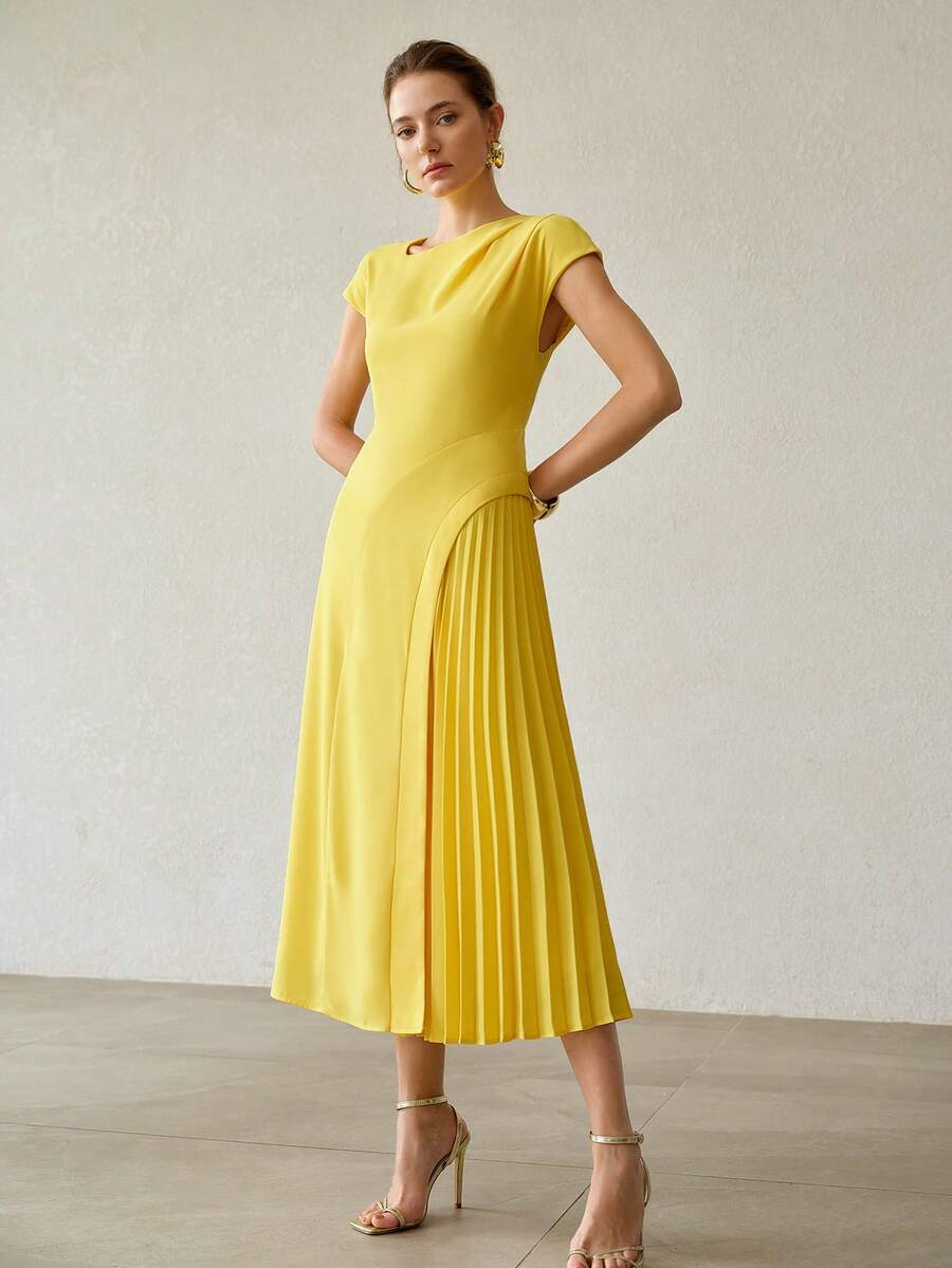 Vestido elegante em viscose e linho para Primavera-Verão