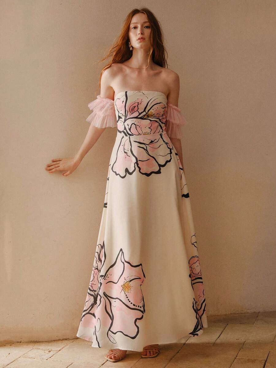 Vestido elegante floral feminino com modelagem Em A e cintura alta para casamento