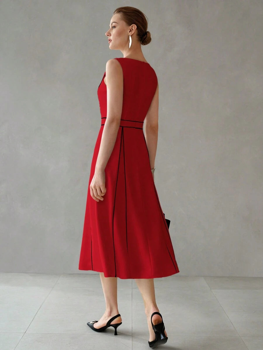 Vestido elegante para eventos com gola redonda e detalhes contrastantes