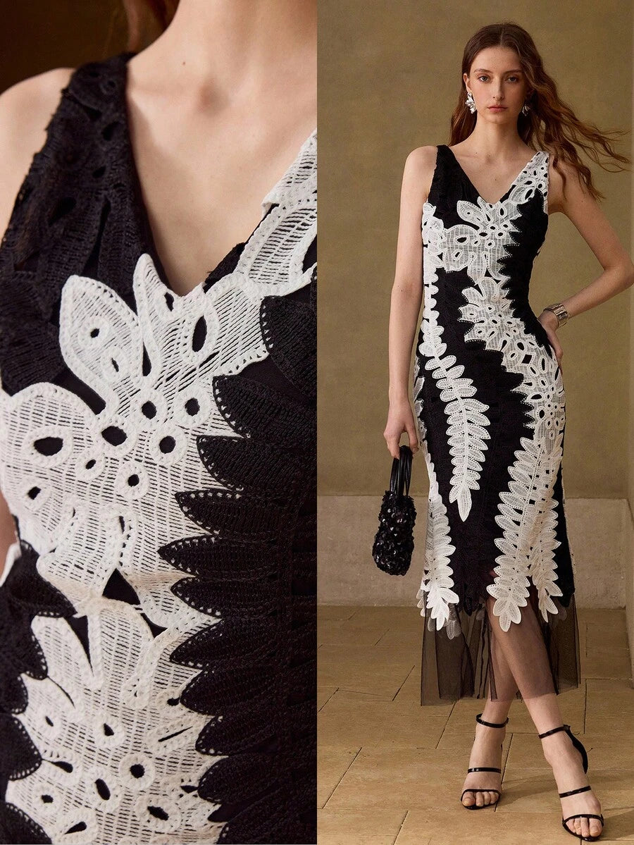 Vestido feminino Primavera Verão 27 em tule com renda guipir