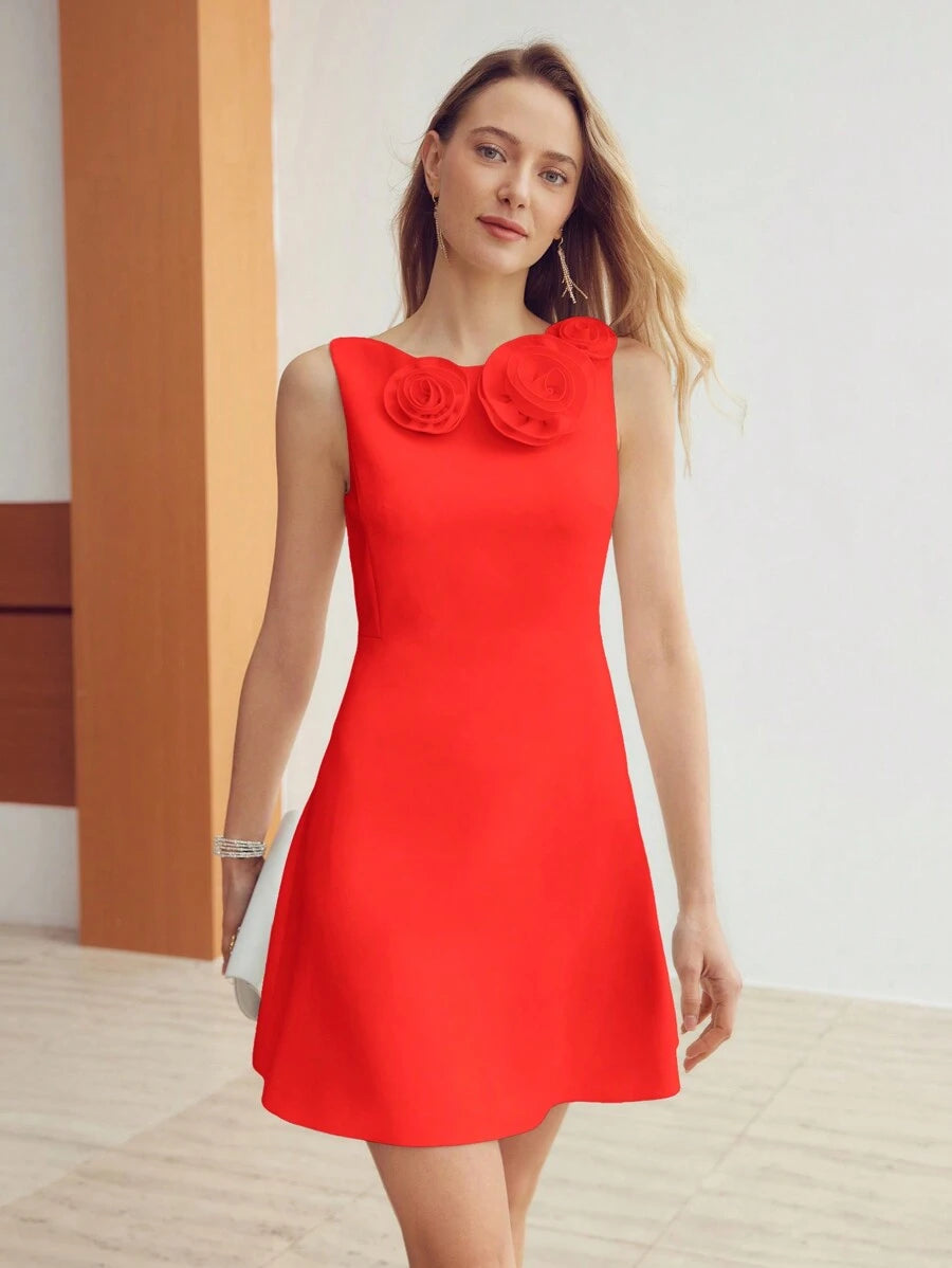 Vestido feminino com três flores 3D no decote e saia em A