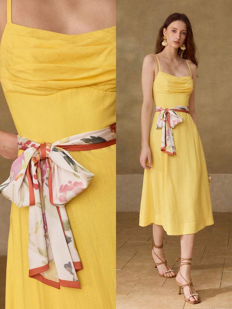 Vestido feminino elegante amarelo com forro e comprimento midi