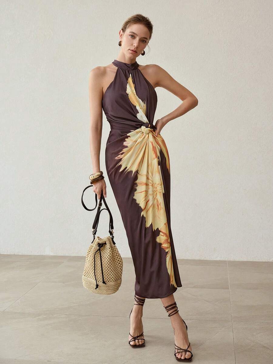 Vestido feminino frente única com nó torcido na cintura