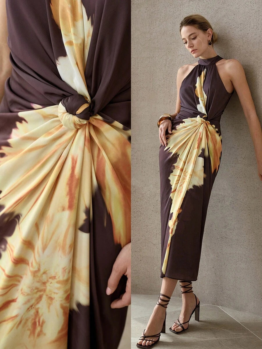 Vestido Feminino Longo Frente Única com Estampa Botânica e Nó – Castanho | Primavera/Verão 27