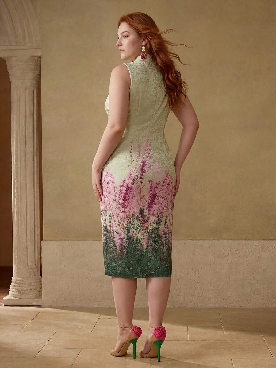 Vestido feminino midi forrado com decote gota e estampa de plantas