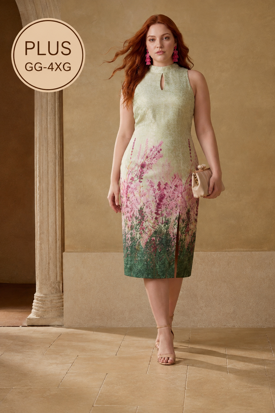 Vestido feminino midi jacquard floral multicolorido com decote gota