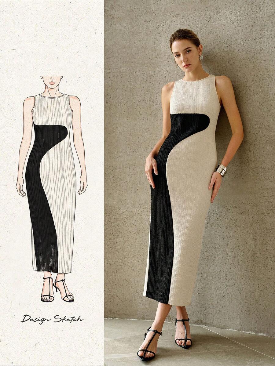 Vestido feminino sem mangas com desenho orgânico preto e silhueta ajustada