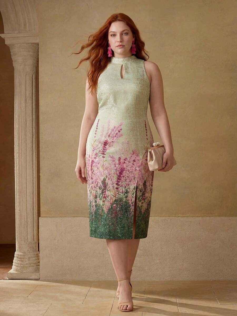 Vestido feminino sem mangas com estampa botânica em degradê