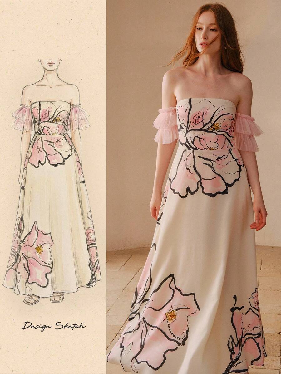 Vestido floral ombro a ombro visto de costas com saia longa ampla e estampa rosa