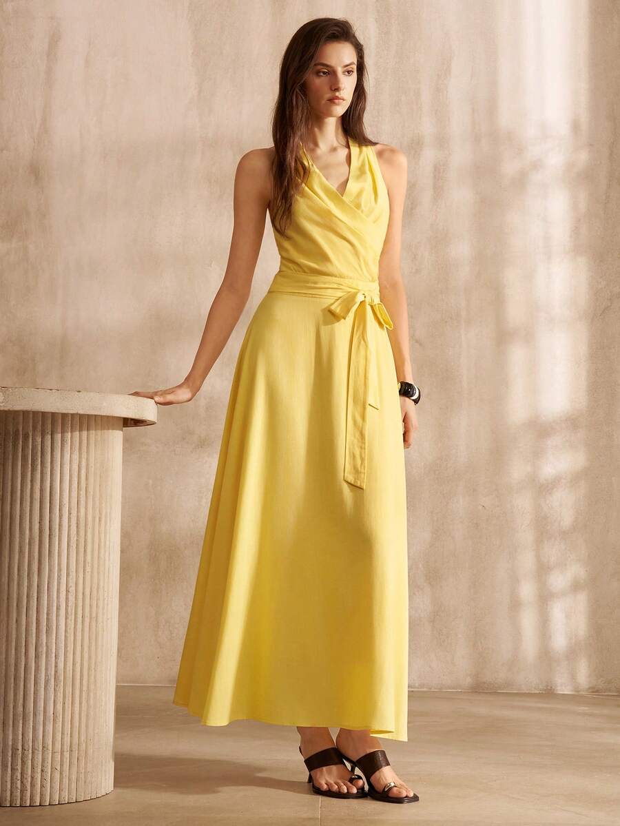 Vestido longo feminino Amarelo Manteiga em viscose e linho - Boutique do Encanto