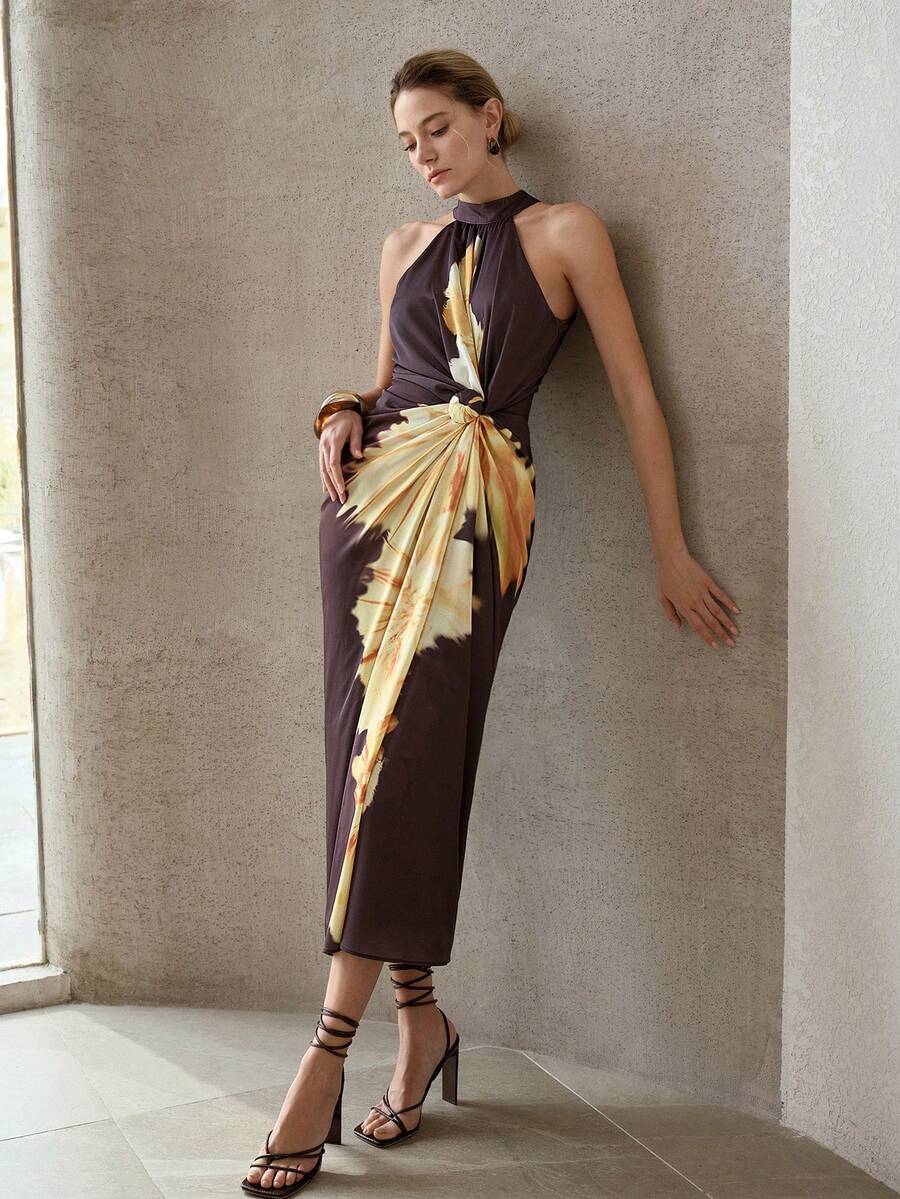 Vestido longo feminino boho com estampa verde e amarela localizada