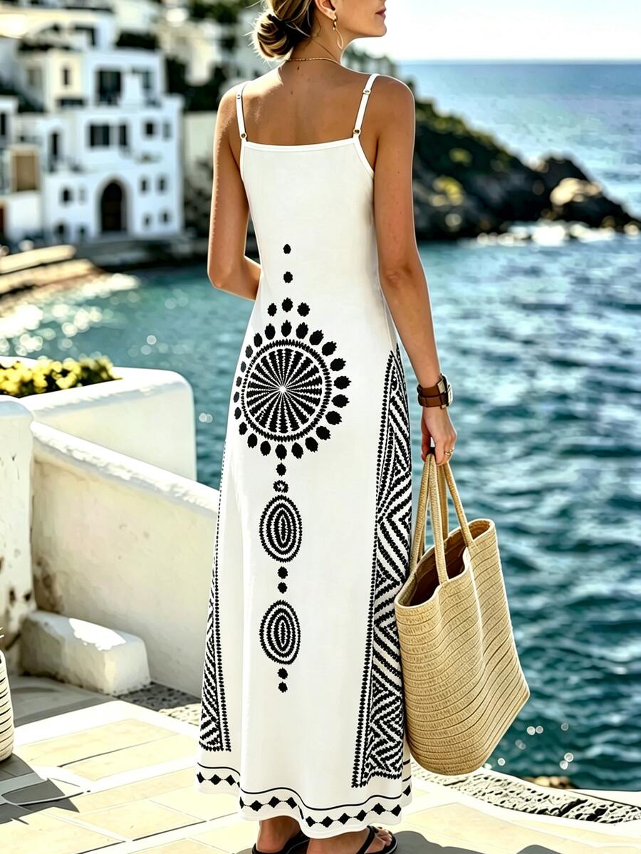 Vestido longo feminino branco com estampa de mandala preta, alças finas e decote V