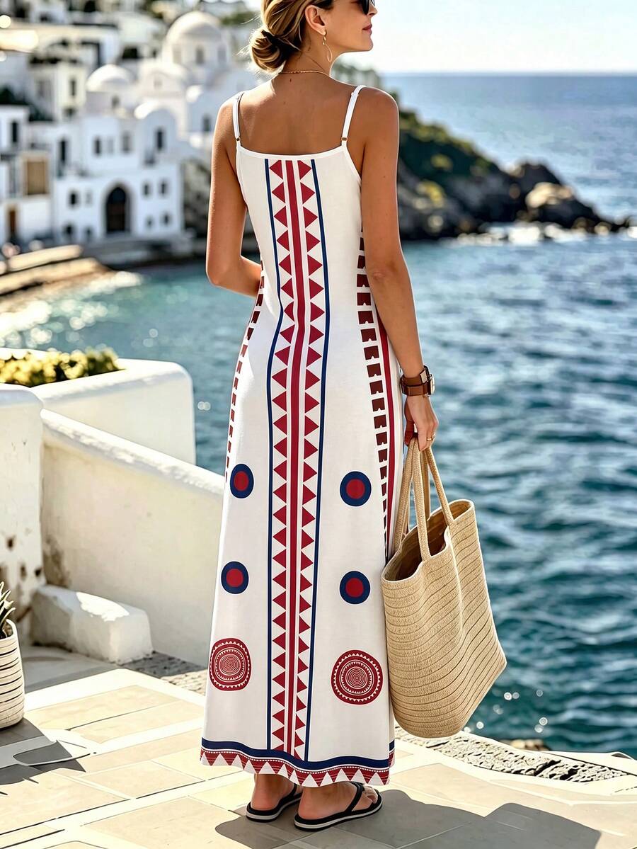 Vestido longo feminino branco com estampa étnica em tons de vinho, decote V e alças finas 