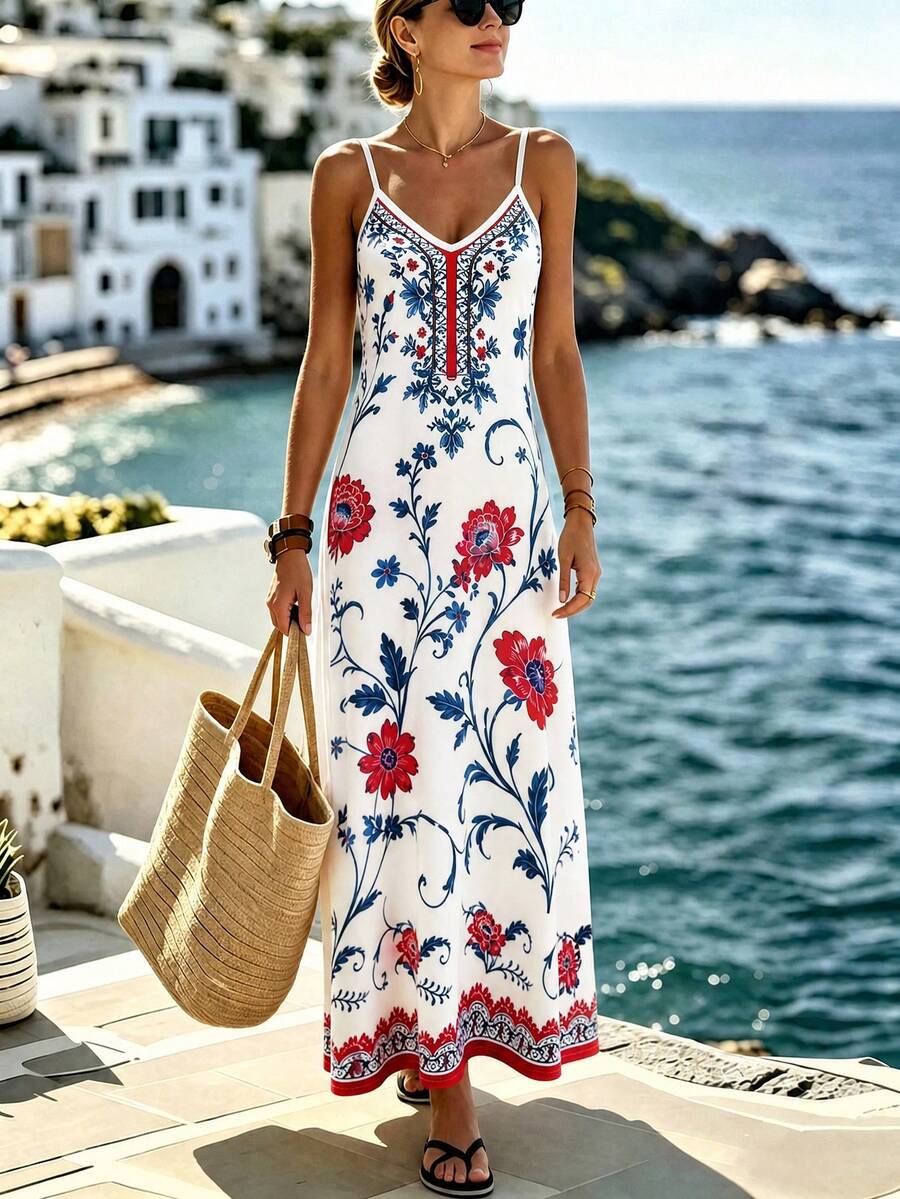 Vestido longo feminino com estampa floral colorida, alças finas e decote V