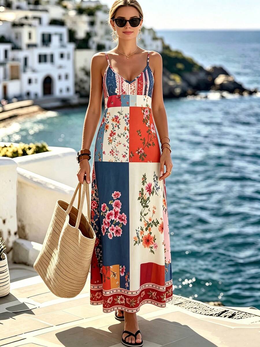 Vestido longo feminino com estampa patchwork floral multicolorida, alças finas e decote V - Boutique do Encanto 