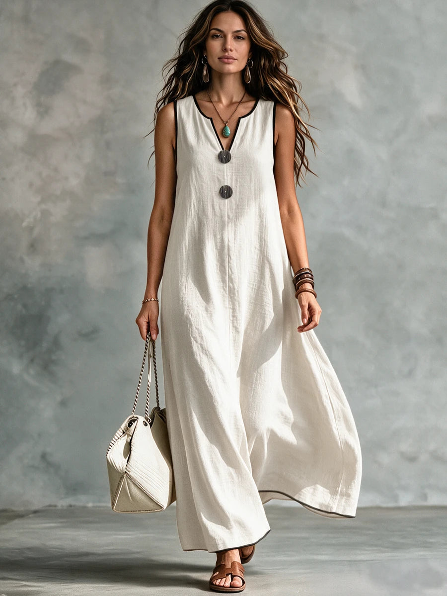 Vestido longo feminino damasco com decote V entalhado, detalhes frontais e modelagem fluida – Boutique do Encanto