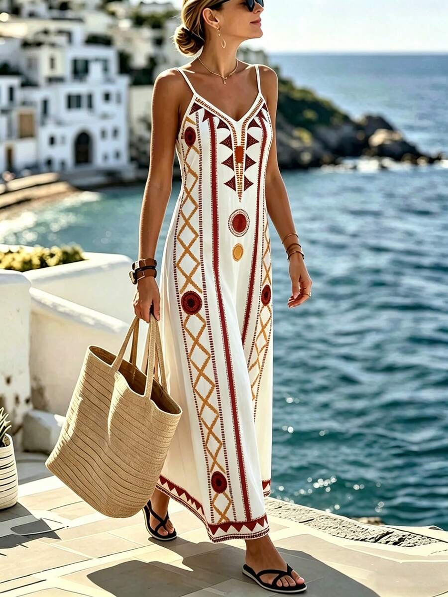 Vestido longo feminino off-white com estampa geométrica em tons terrosos, decote V e alças finas – Boutique do Encanto