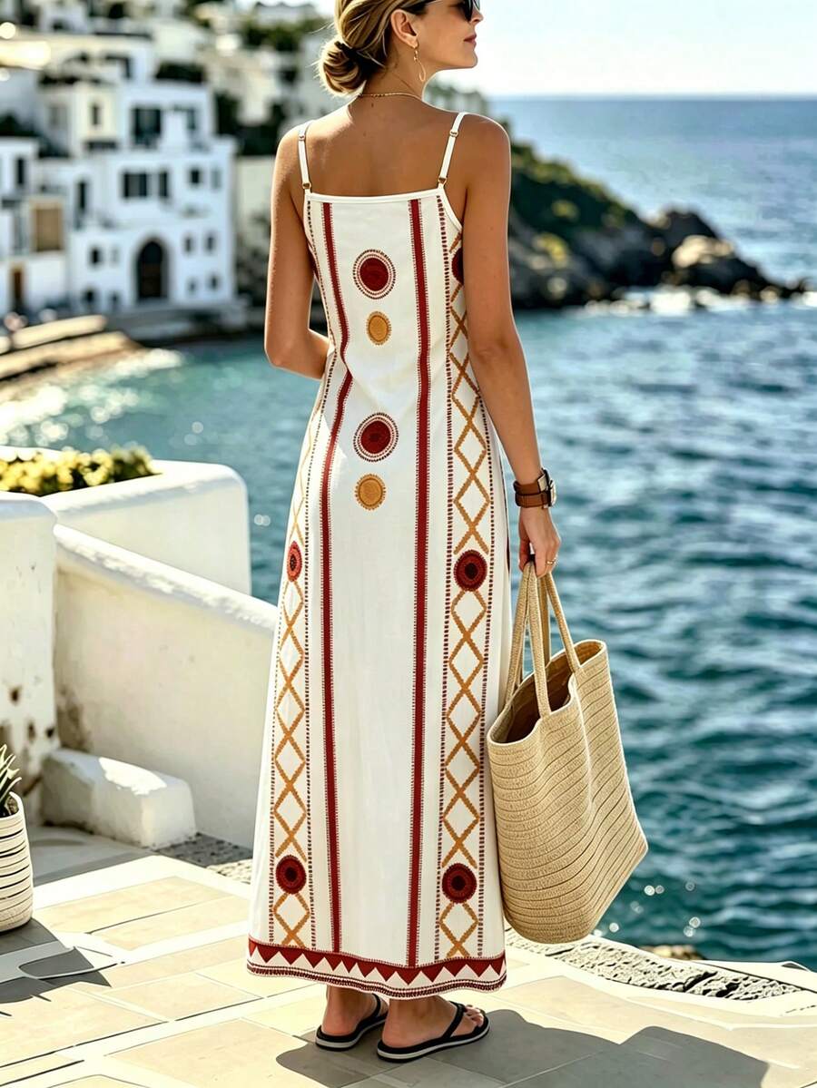 Vestido longo feminino off-white com estampa geométrica em tons terrosos, decote V e alças finas – Boutique do Encanto 