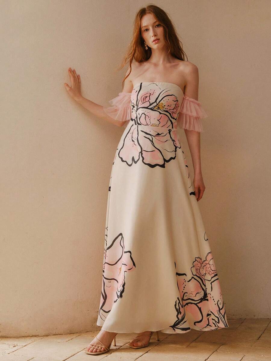 Vestido longo floral creme rosé ombro a ombro com mangas de tule rosa – Boutique do Encanto