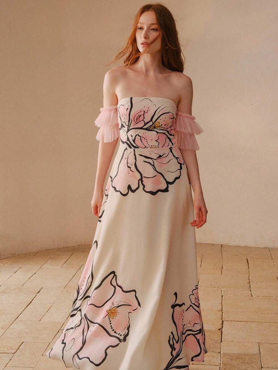 Vestido longo floral creme rosé ombro a ombro com mangas de tule rosa – Boutique do Encanto