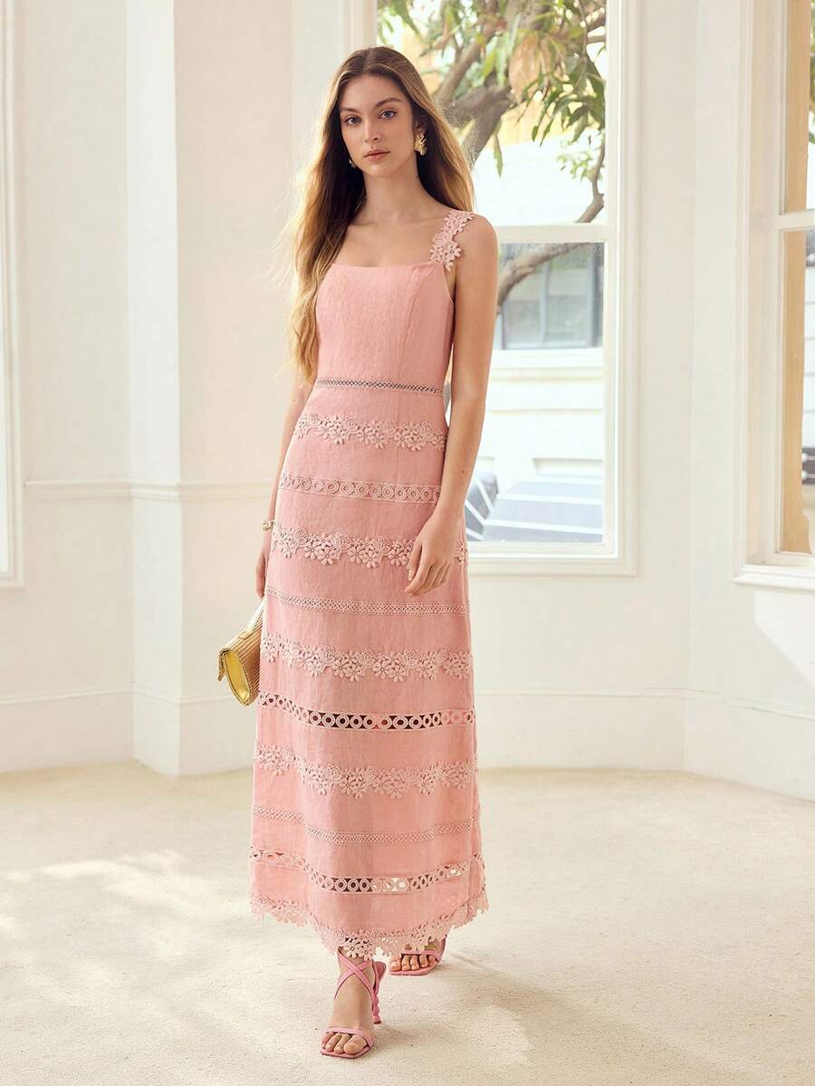 Vestido longo rosa 100% linho com renda floral vazada – Boutique do Encanto