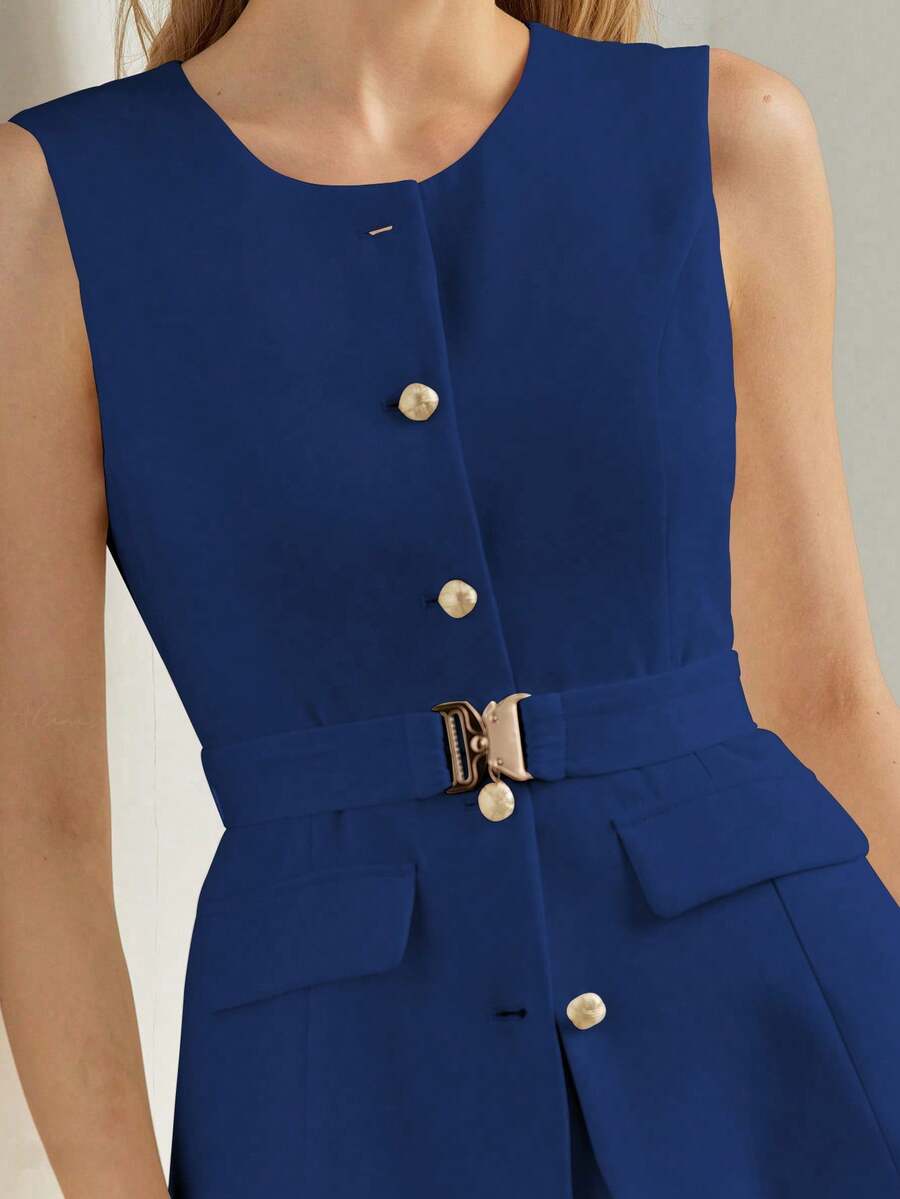 Vestido midi Azul Royal feminino com cinto e botões dourados