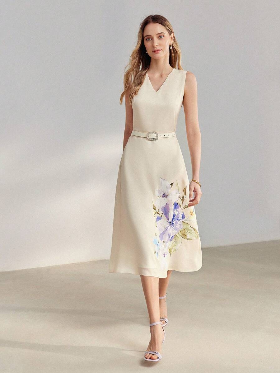 Vestido midi Baunilha Pastel com decote V e cintura marcada