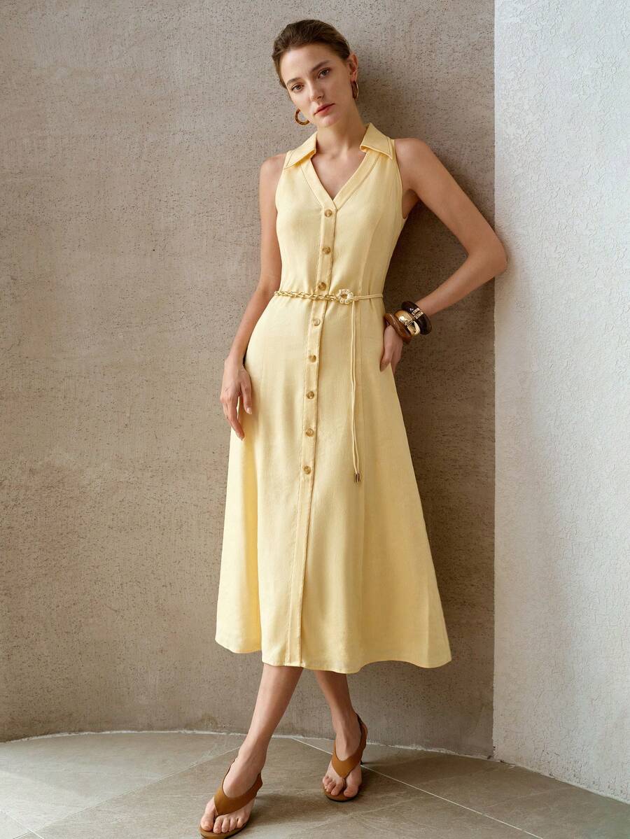 Vestido midi Baunilha Pastel feminino em linho e liocel - Boutique do Encanto 