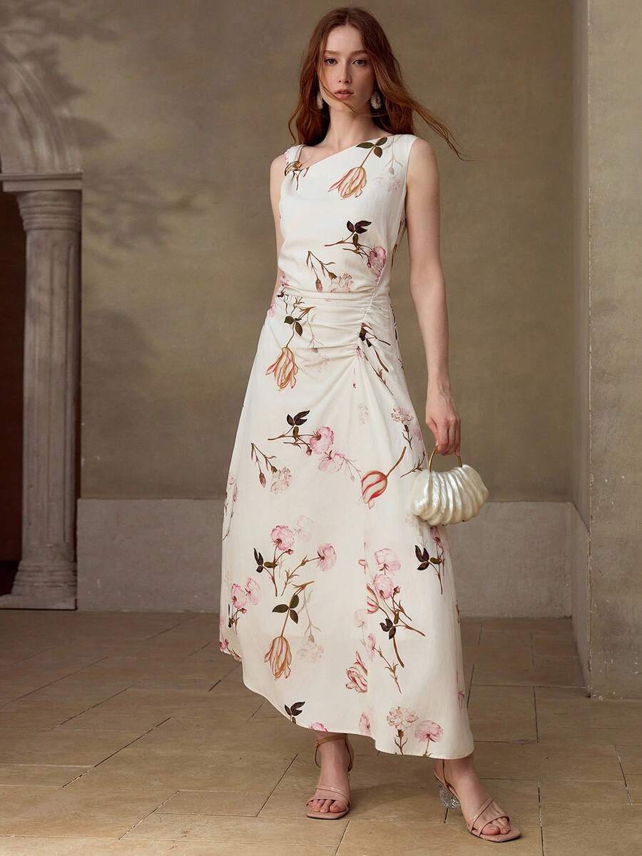 Vestido midi Off White Floral sem mangas com modelagem elegante em A.