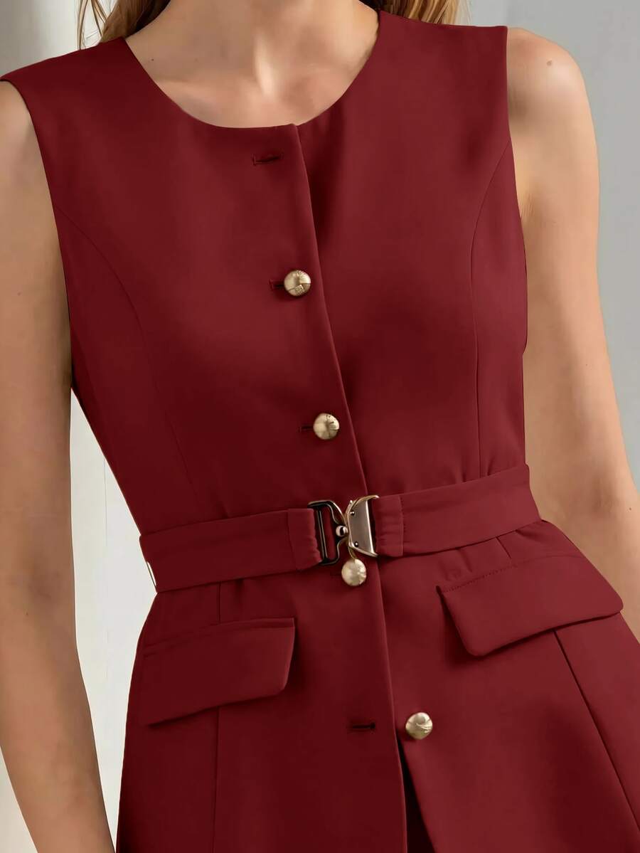 Vestido midi Vinho feminino com cinto e detalhes dourados