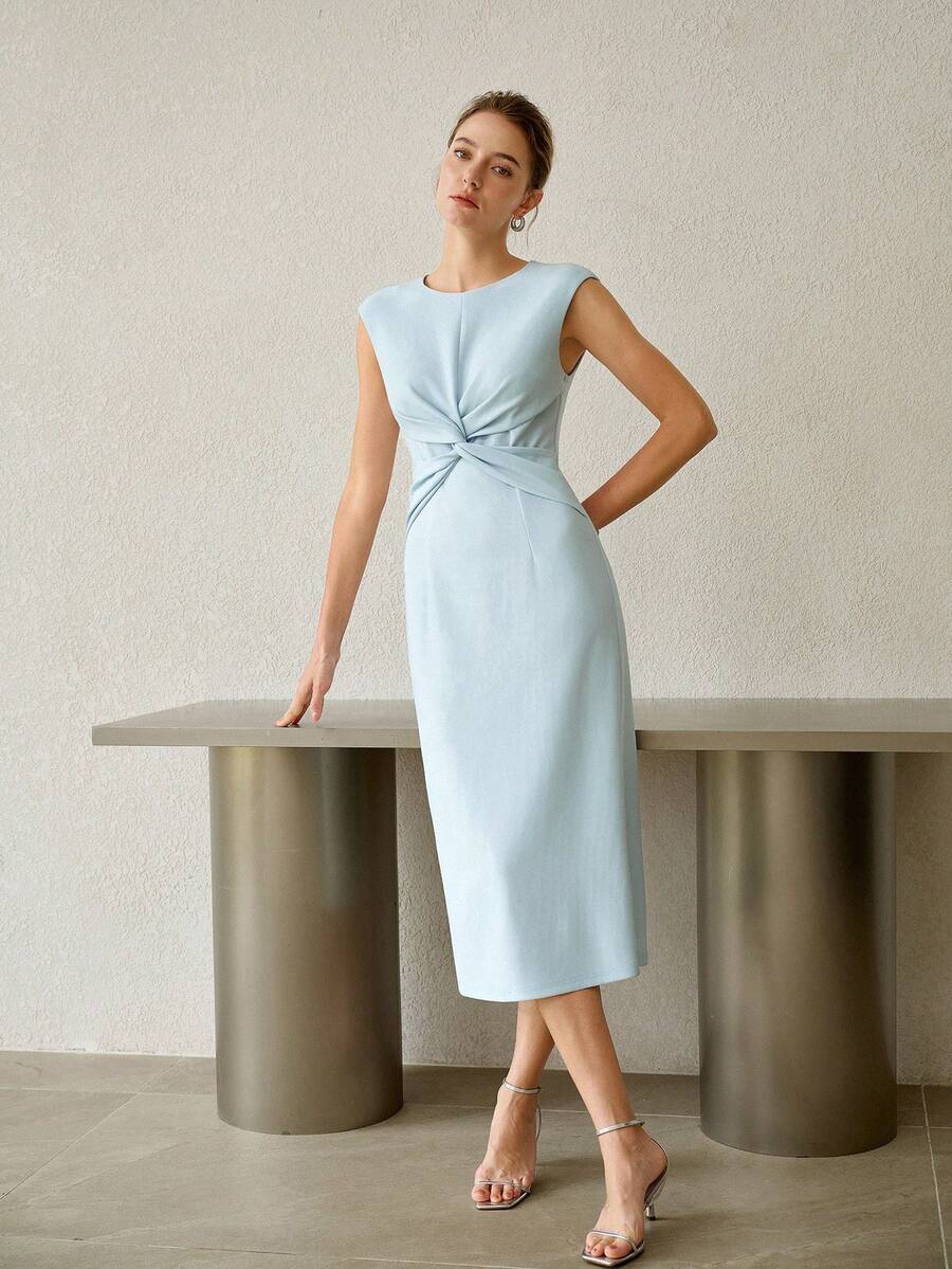 Vestido midi azul claro feminino com cintura torcida e modelagem elegante – Boutique do Encanto