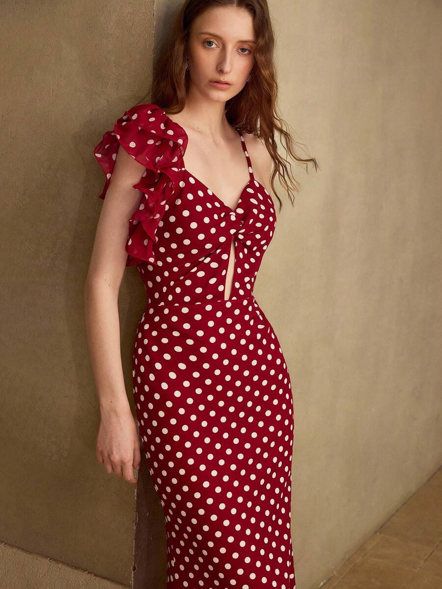 Vestido midi de malha com poá e modelagem slim fit sereia