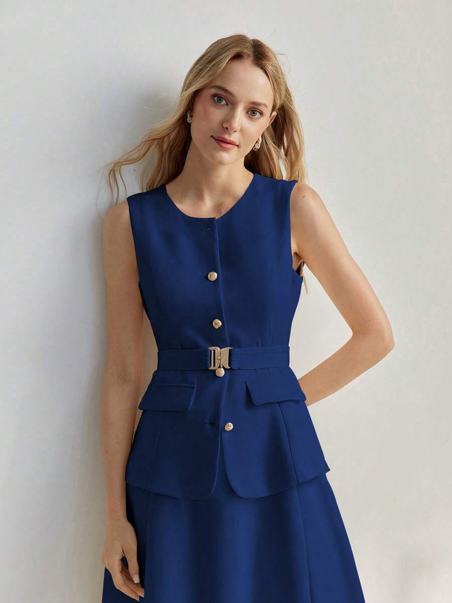 Vestido midi feminino Azul Royal com cinto e botões dourados – Boutique do Encanto
