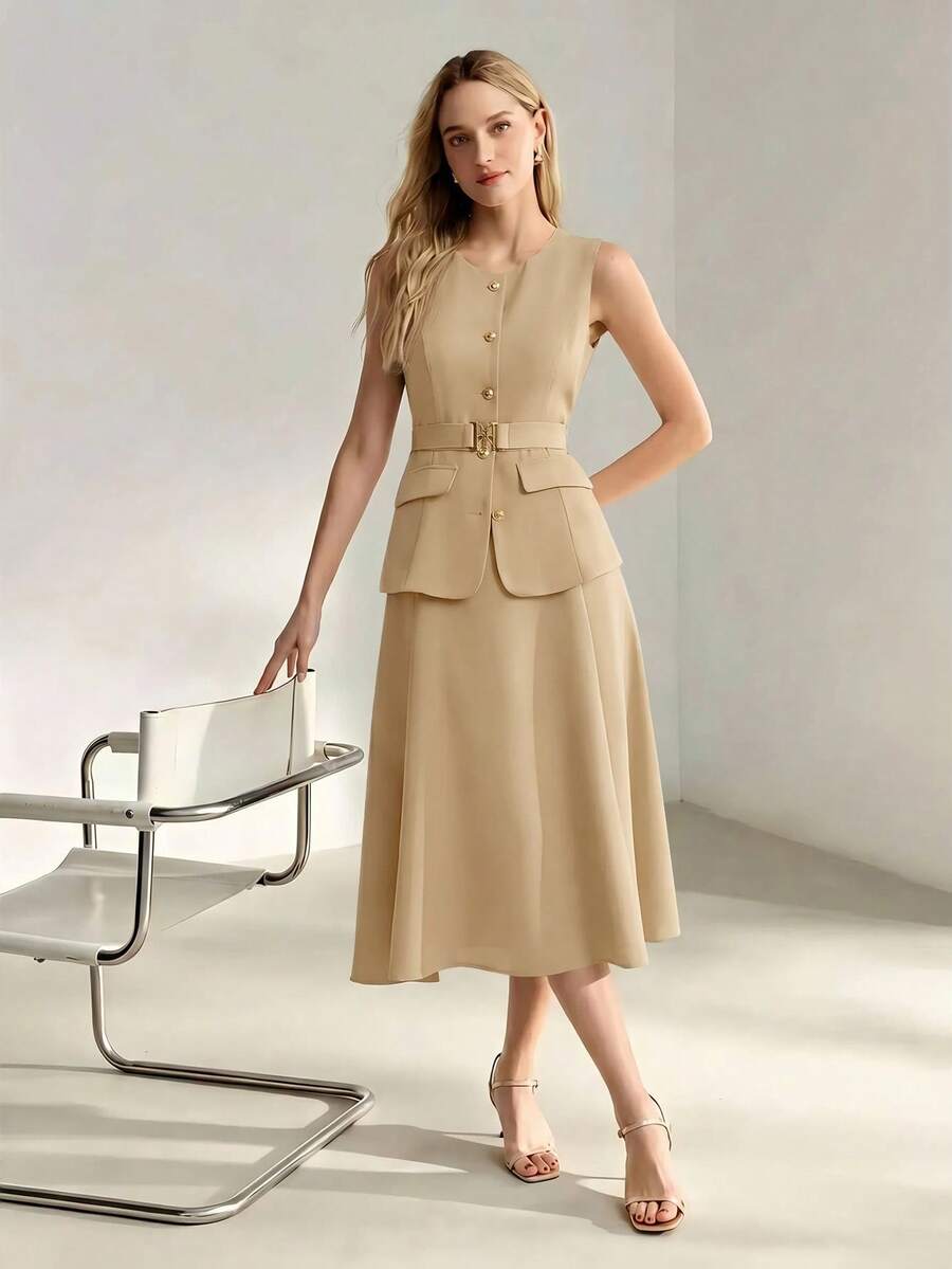 Vestido midi feminino Caqui com cinto e botões dourados – Boutique do Encanto