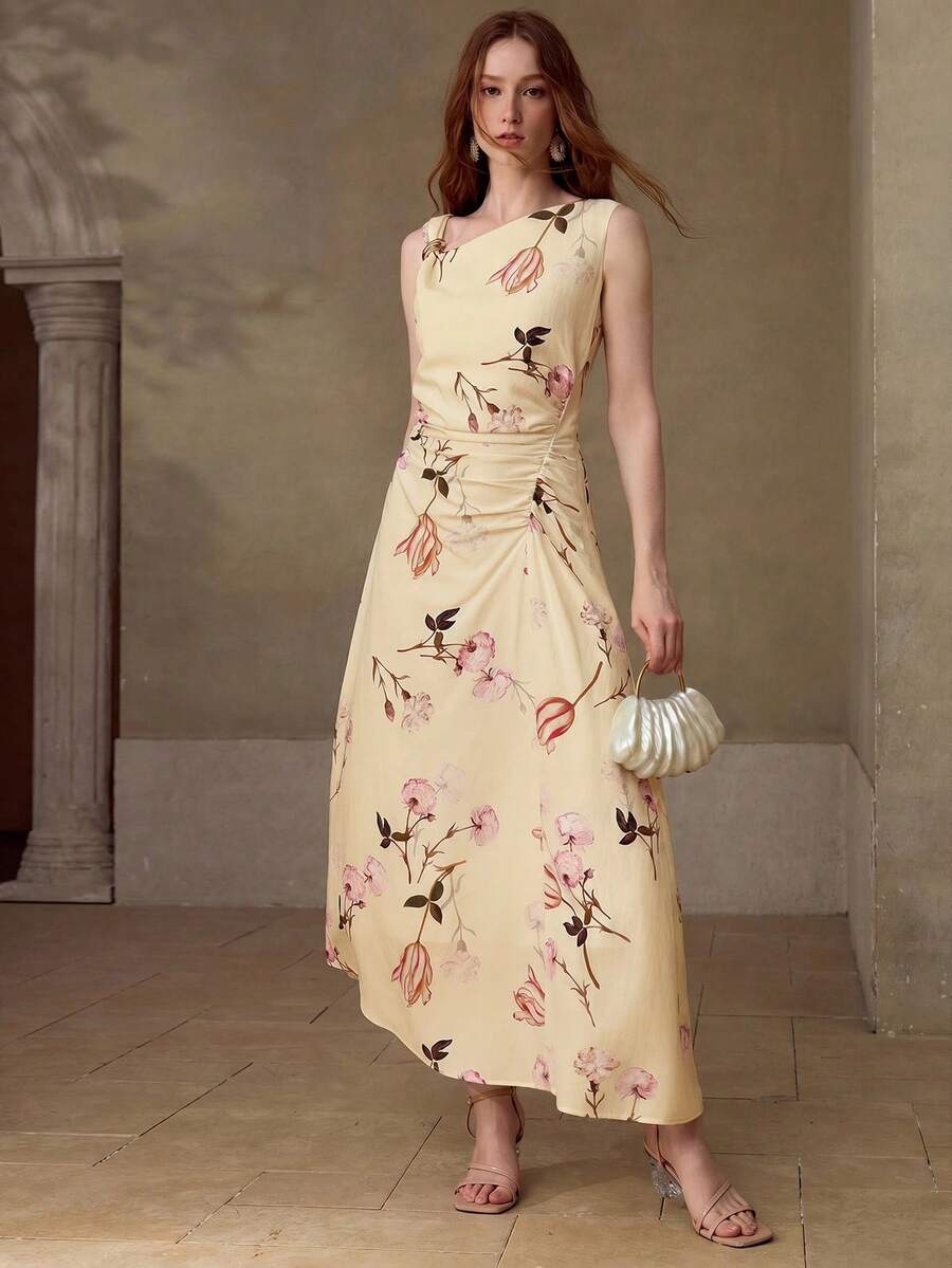 Vestido midi feminino Champagne com estampa floral botânica e decote assimétrico.