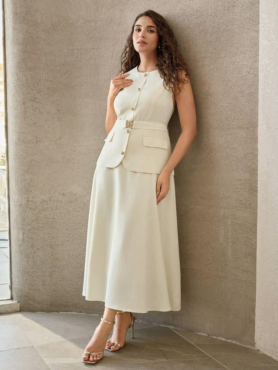 Vestido midi feminino Off White com cinto e botões dourados – Boutique do Encanto Plus Size