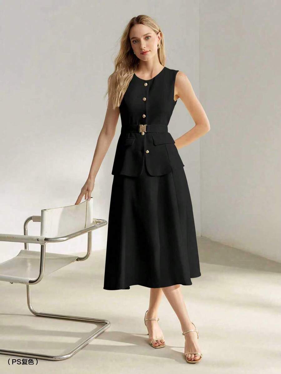 Vestido midi feminino Preto com cinto e botões dourados – Boutique do Encanto
