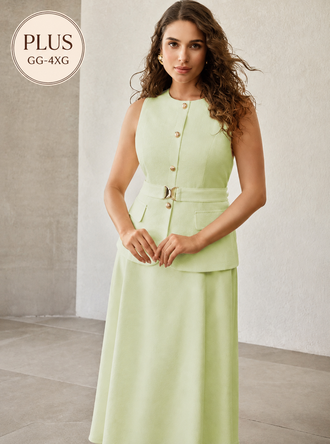 Vestido midi feminino Verde Menta com cinto e botões dourados – Boutique do Encanto
