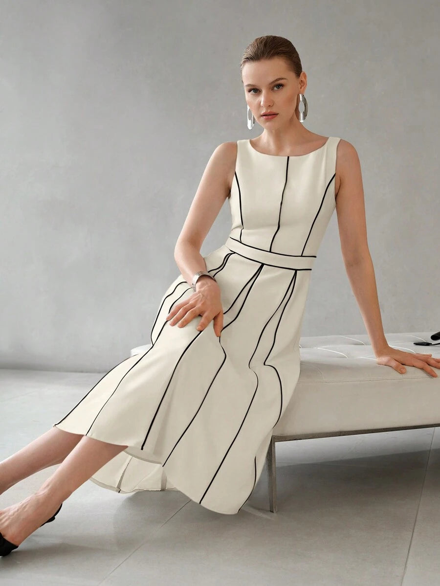 Vestido midi feminino off white com linhas pretas contrastantes