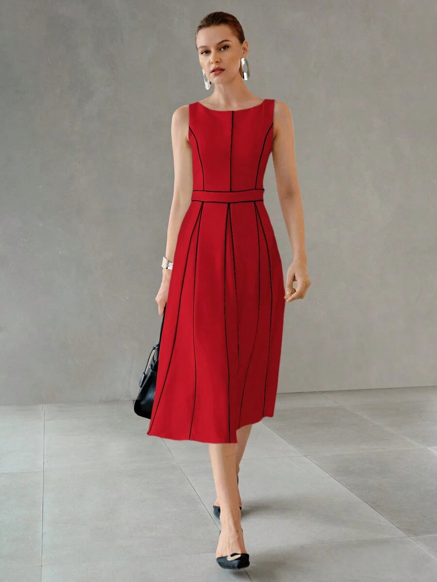 Vestido midi feminino vermelho com cintura marcada e saia em A