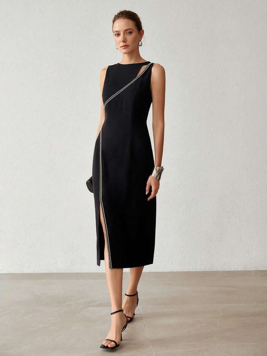 Vestido midi preto feminino elegante com fenda e detalhe brilhante – Boutique do Encanto