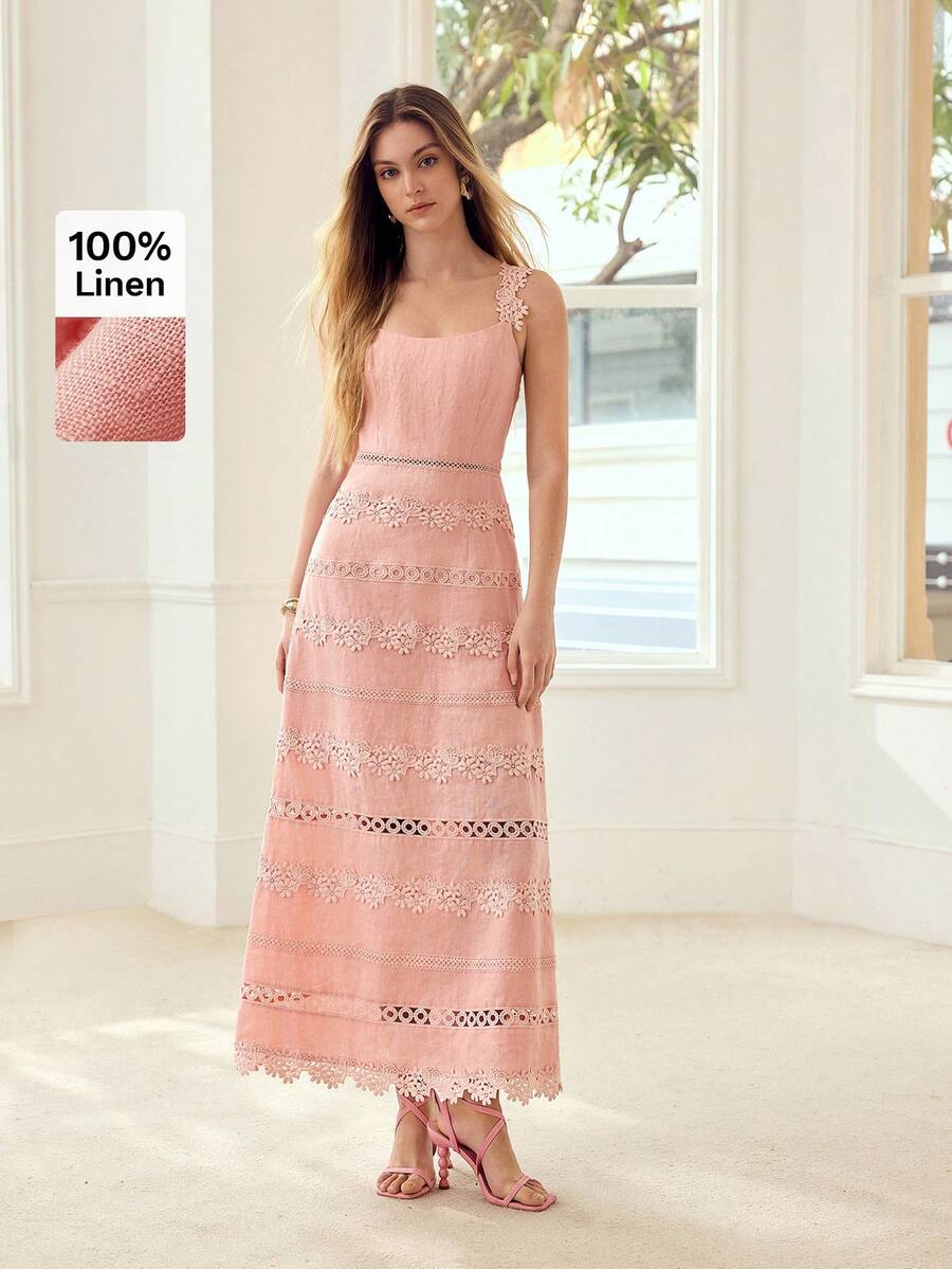 Vestido rosa de linho com faixas de renda vazada – Primavera Verão 2027