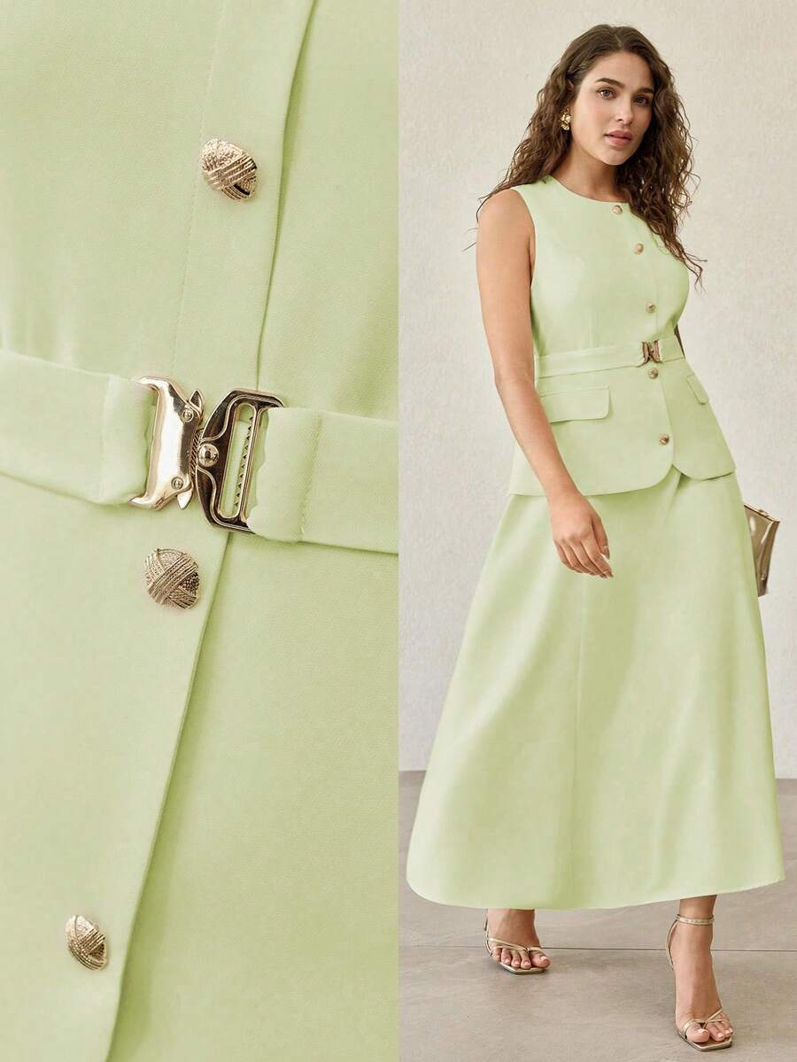 Vestido social Verde Menta com cinto e bolsos discretos