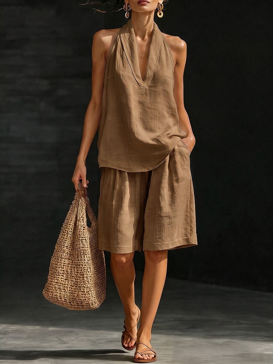 Vista frontal do conjunto feminino com blusa leve e bermuda com bolsos