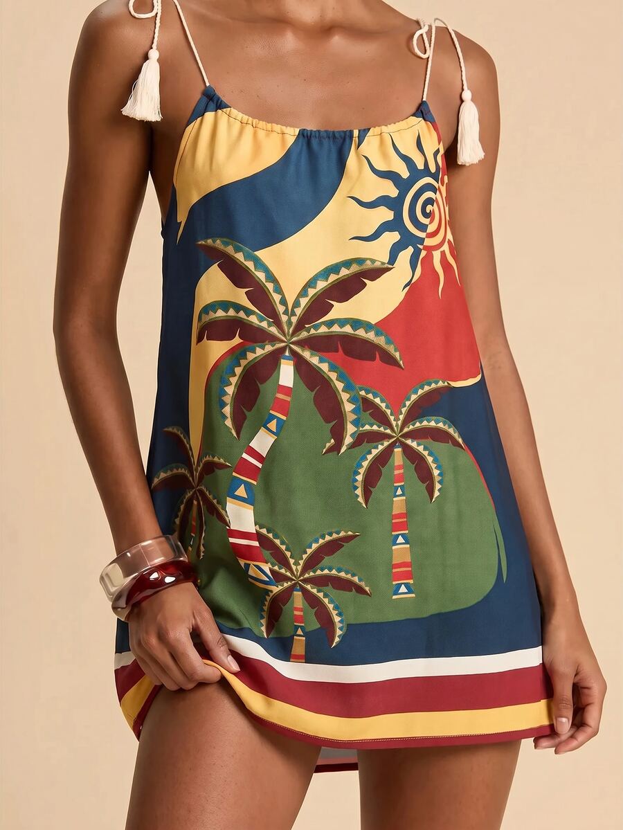 Vestido de Praia Feminino - Estampa de Palmeira e Detalhe de Nó
