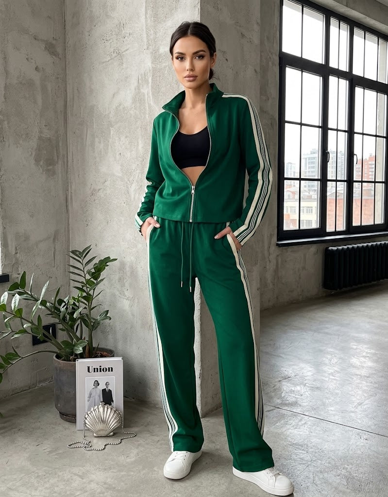 Conjunto Feminino Esportivo Chic Verde – Jaqueta com Zíper e Calça Pantalona - Tamanhos PP ao XGG