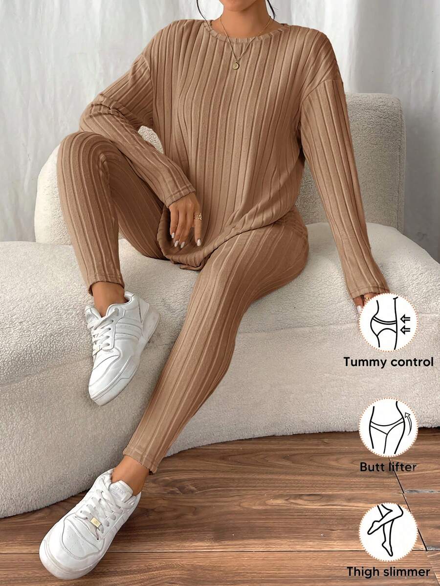 conjunto feminino básico cor caqui elegante tecido texturizado canelado