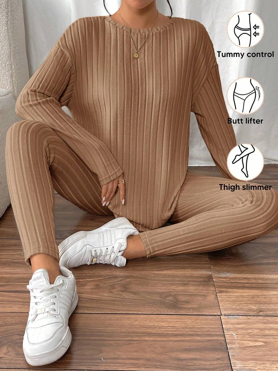 conjunto feminino básico cor caqui elegante tecido texturizado canelado