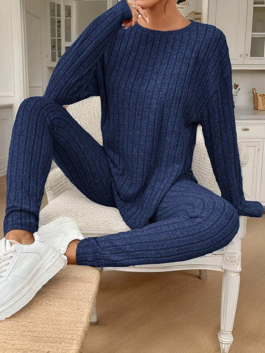conjunto feminino canelado azul 2 peças manga longa e calça