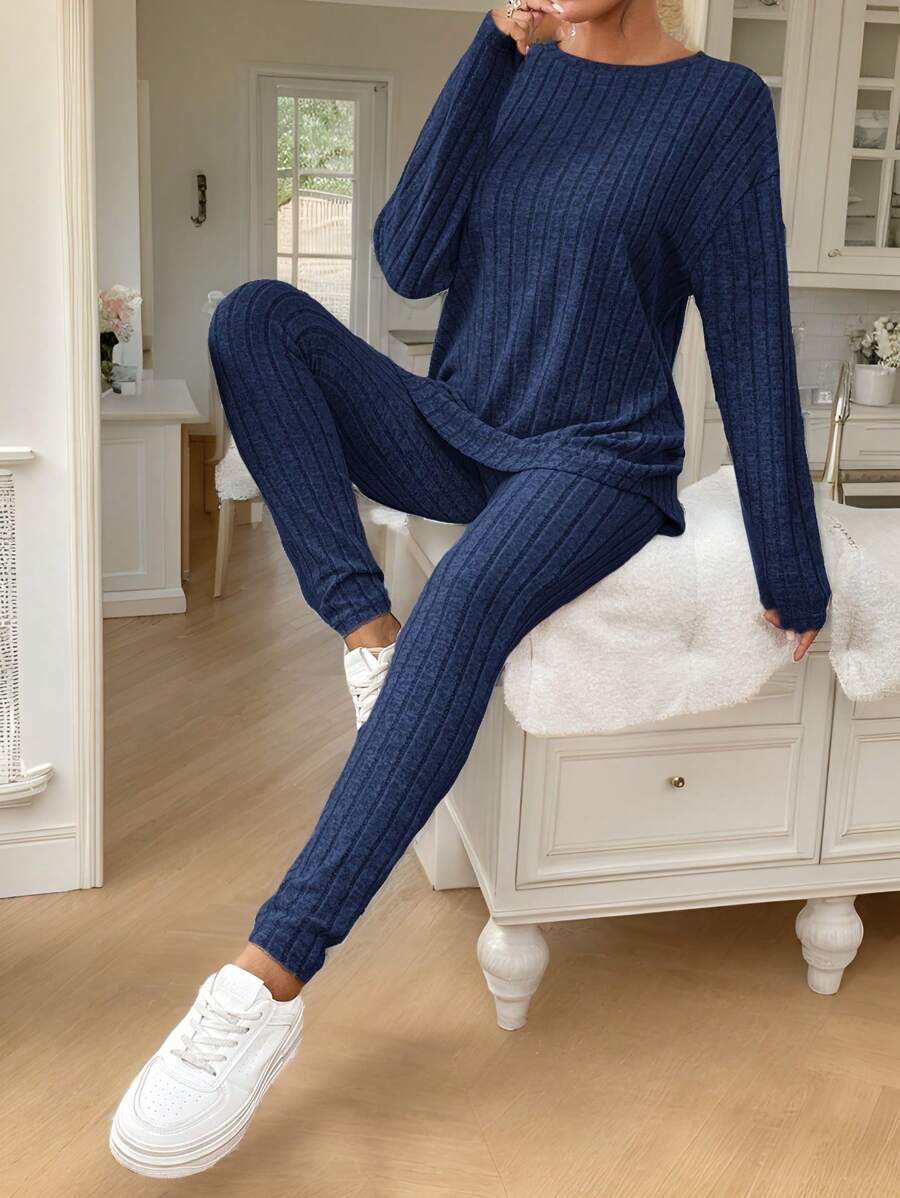 conjunto feminino canelado azul 2 peças manga longa e calça